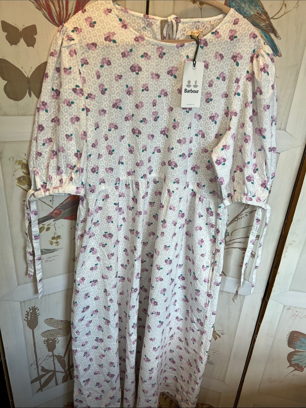 Barbour White Dress with Lavender and Purple Floral Pattern 100% cotton